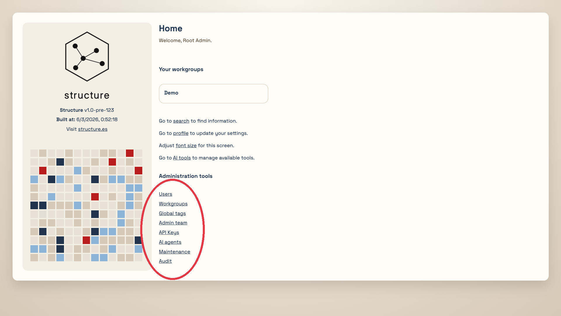 Home page with admin tools Home page with admin tools